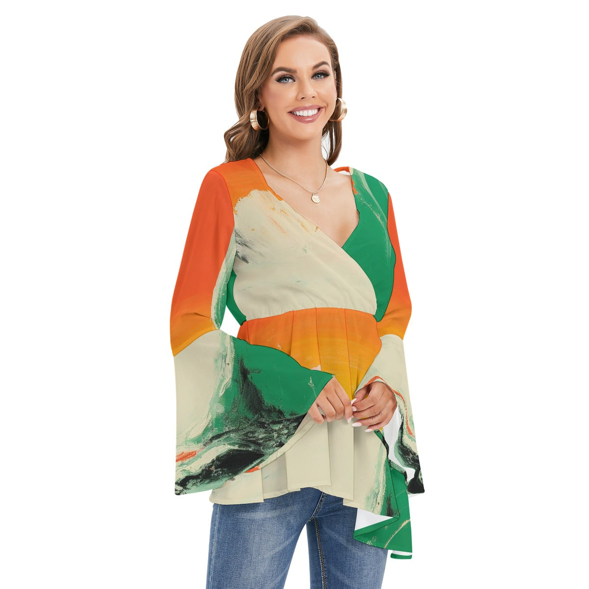 All-Over Print Women's V-neck Blouse With Flared Sleeves
