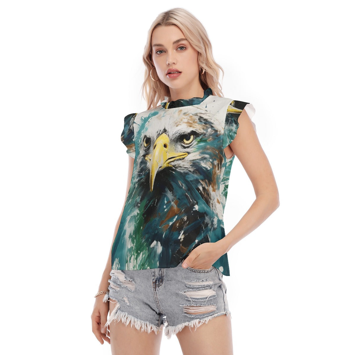 All-Over Print Women's Blouse With Ruffle Collar And Sleeve