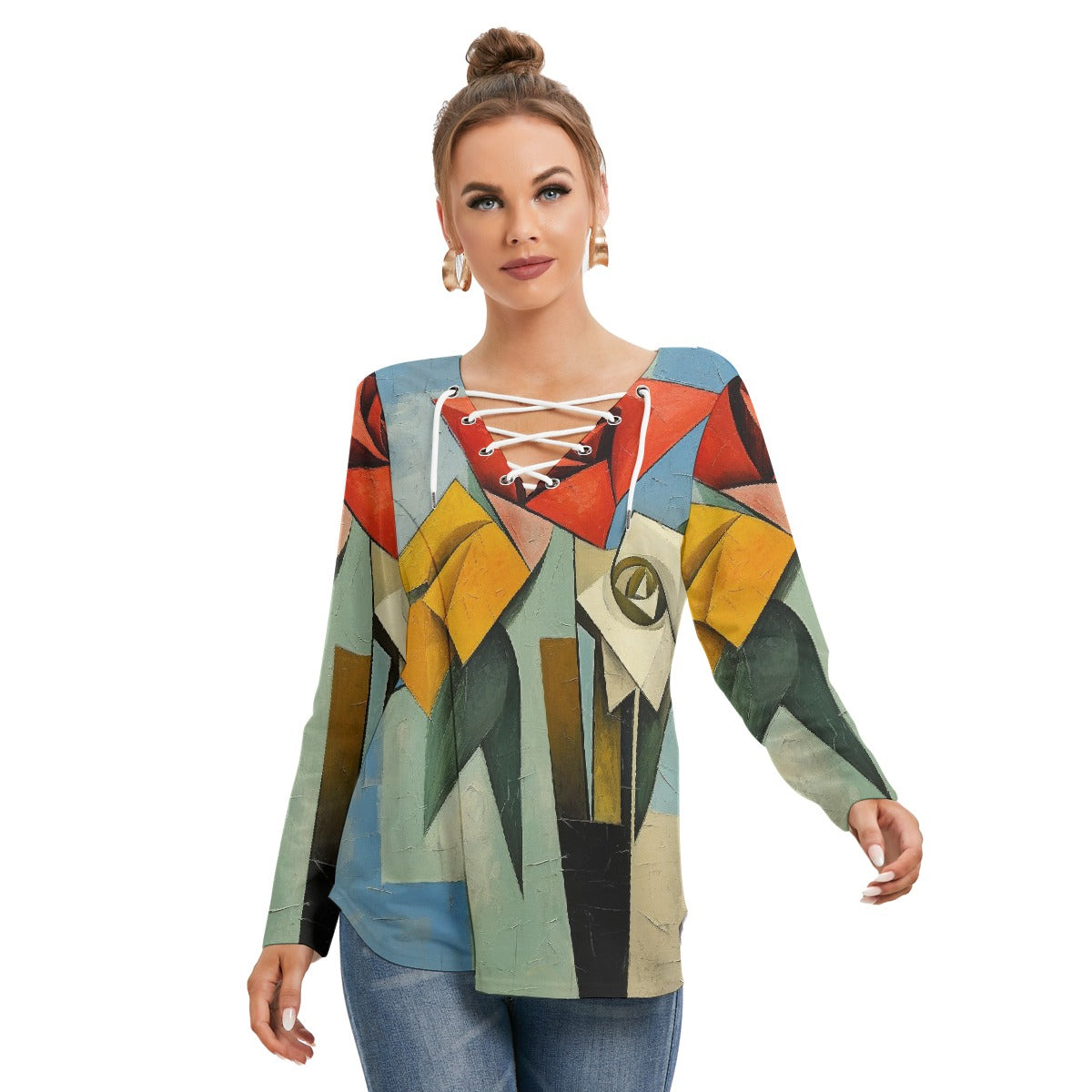 All-Over Print Women's Long Sleeve Neckline Tie Sweatshirt