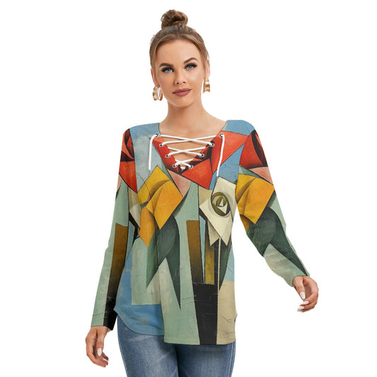 All-Over Print Women's Long Sleeve Neckline Tie Sweatshirt