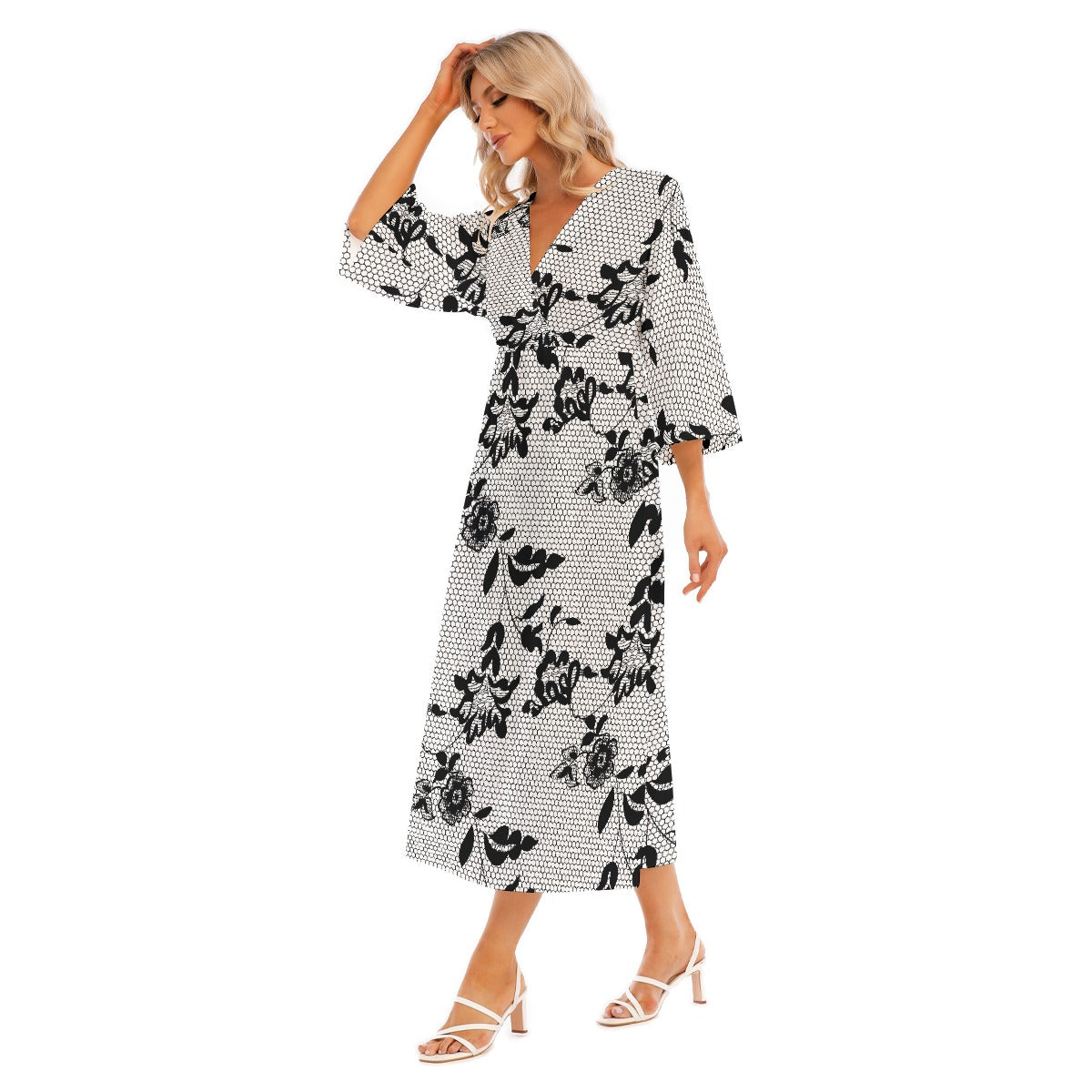 All-Over Print Women's Mid-Sleeve Long Dress