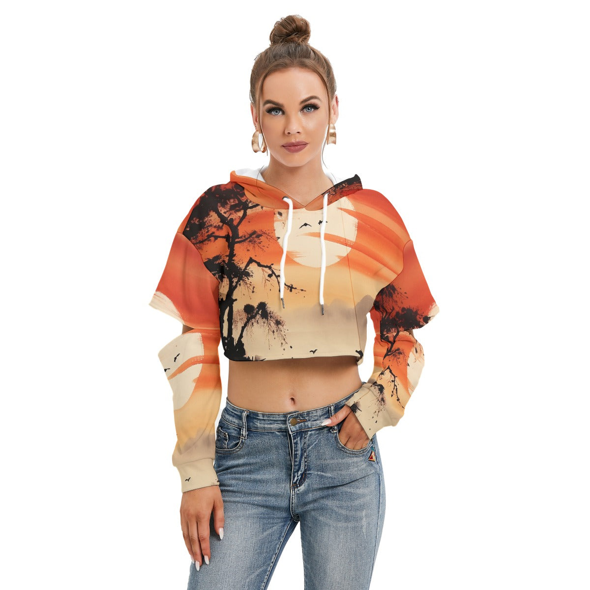 All-Over Print Women's Heavy Fleece Hoodie With Hollow Out Sleeve