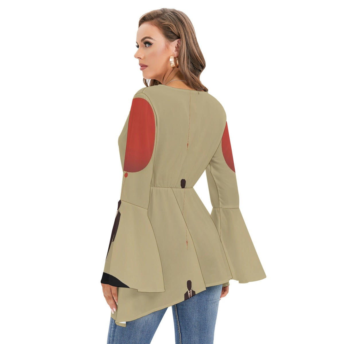 All-Over Print Women's V-neck Blouse With Flared Sleeves