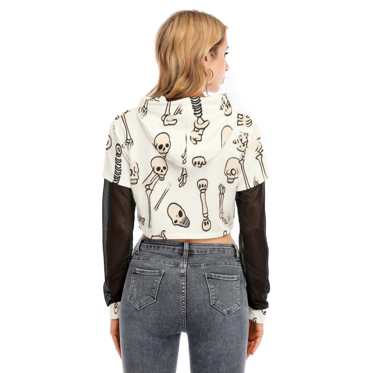 All-Over Print Women's Fake Two-piece Mesh Sleeve Cropped Hoodie