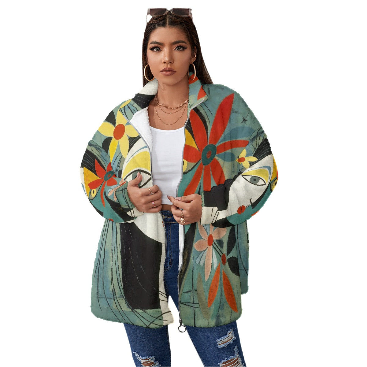 All-Over Print Unisex Borg Fleece Stand-up Collar Coat With Zipper Closure(Plus Size)