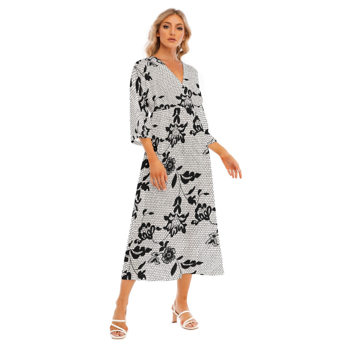 All-Over Print Women's Mid-Sleeve Long Dress