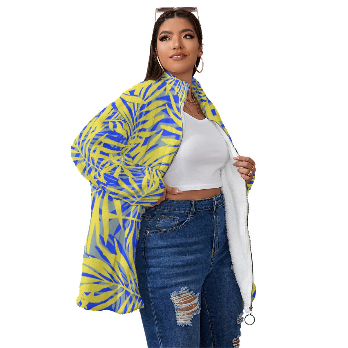 All-Over Print Unisex Borg Fleece Stand-up Collar Coat With Zipper Closure(Plus Size)