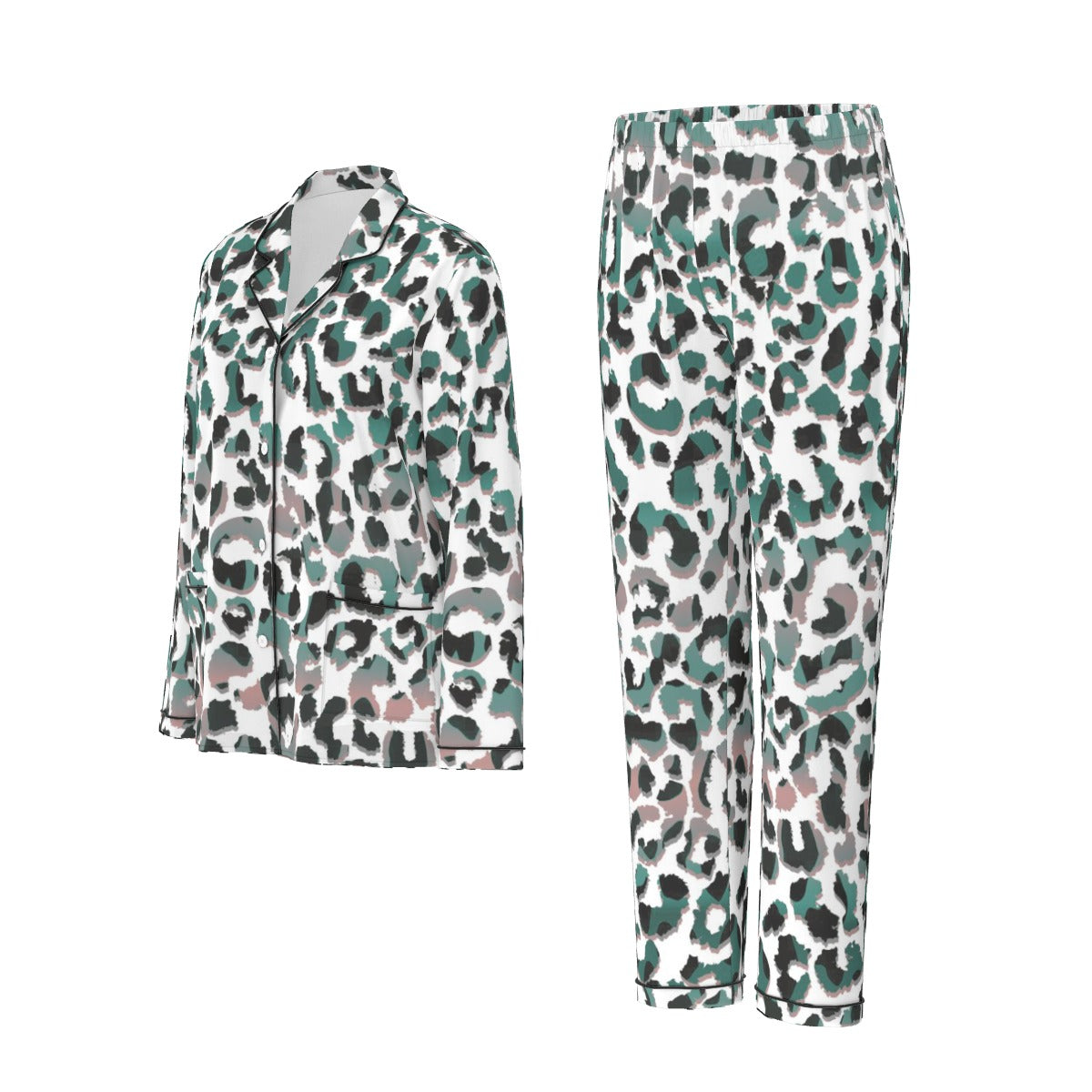 All-Over Print Women's Long Sleeve Pajama Set With Black Contrast Piping