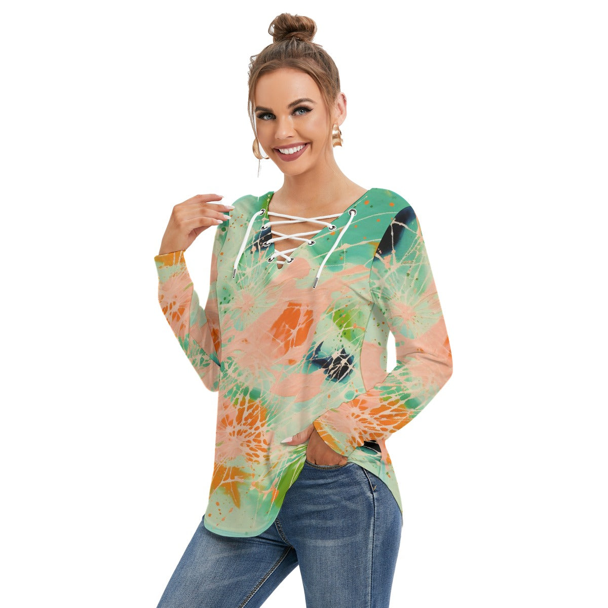 All-Over Print Women's Long Sleeve Neckline Tie Sweatshirt