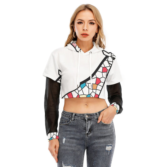 All-Over Print Women's Fake Two-piece Mesh Sleeve Cropped Hoodie