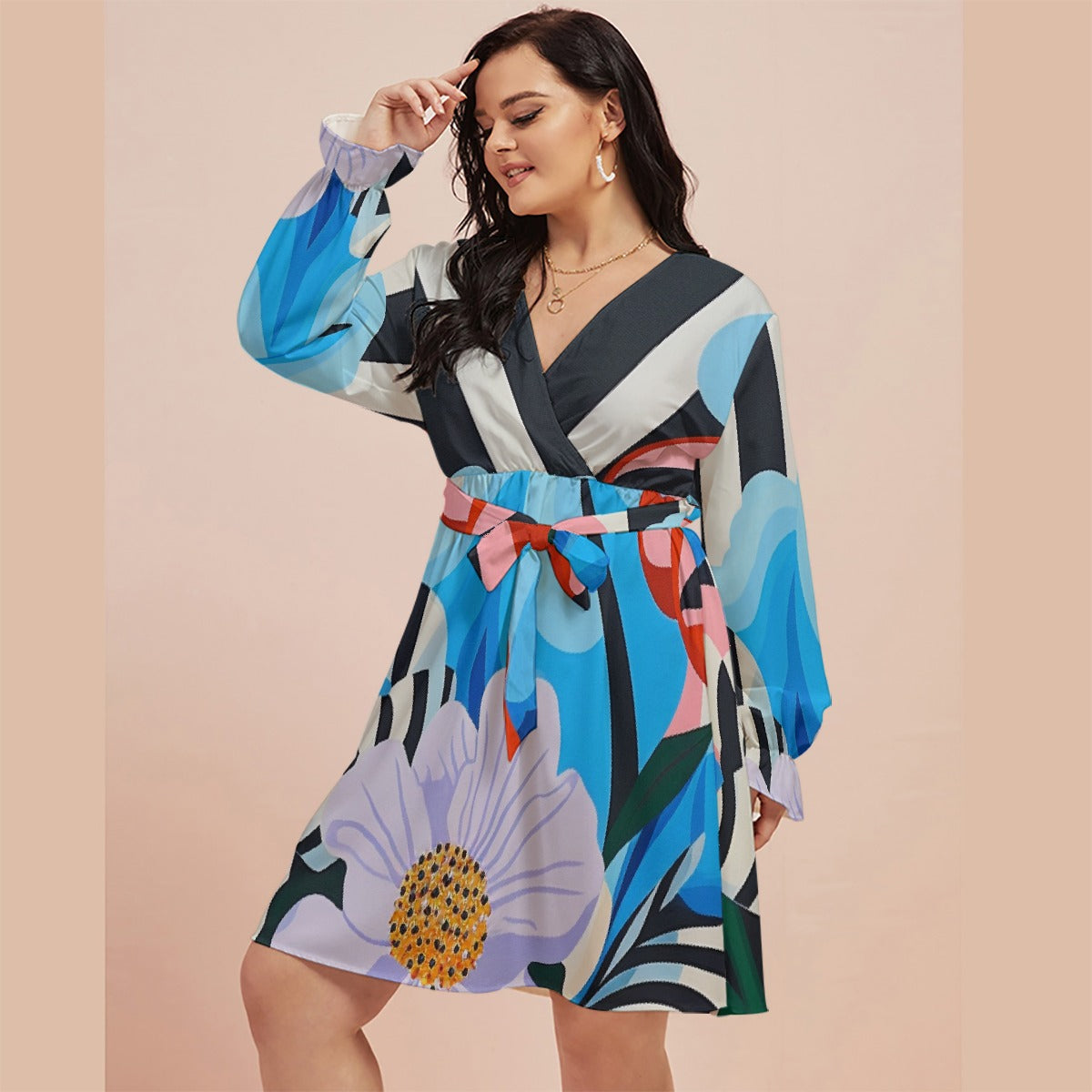 All-Over Print Women's V-neck Dress With Waistband(Plus Size)