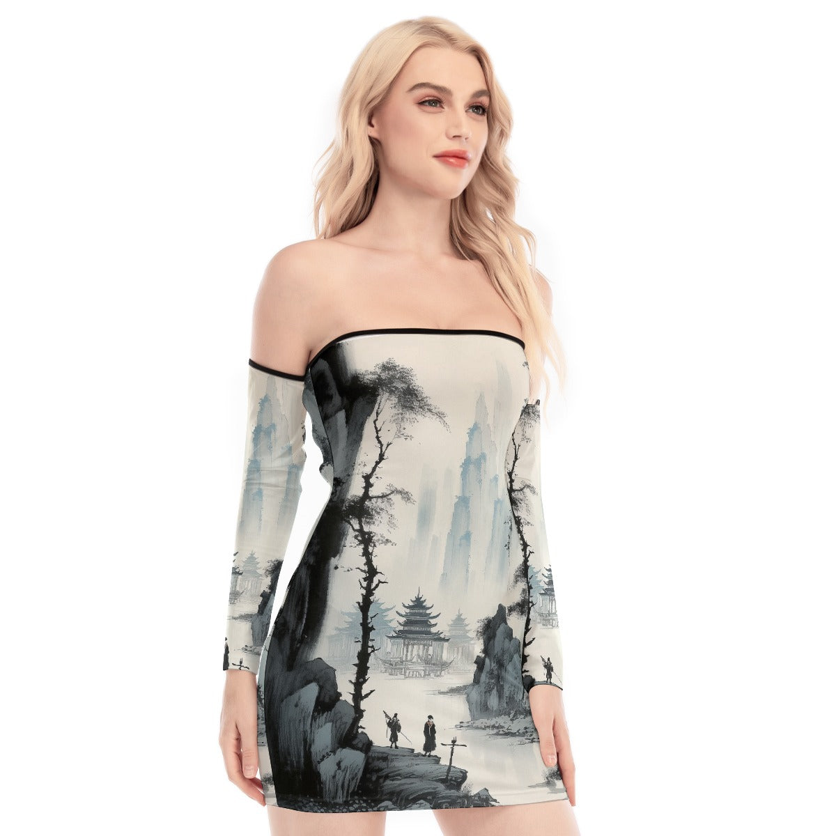 All-Over Print Women's Off-shoulder Back Lace-up Dress