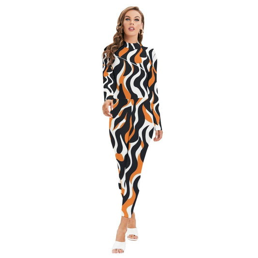 All-Over Print Women's Long-sleeved High-neck Jumpsuit With Zipper