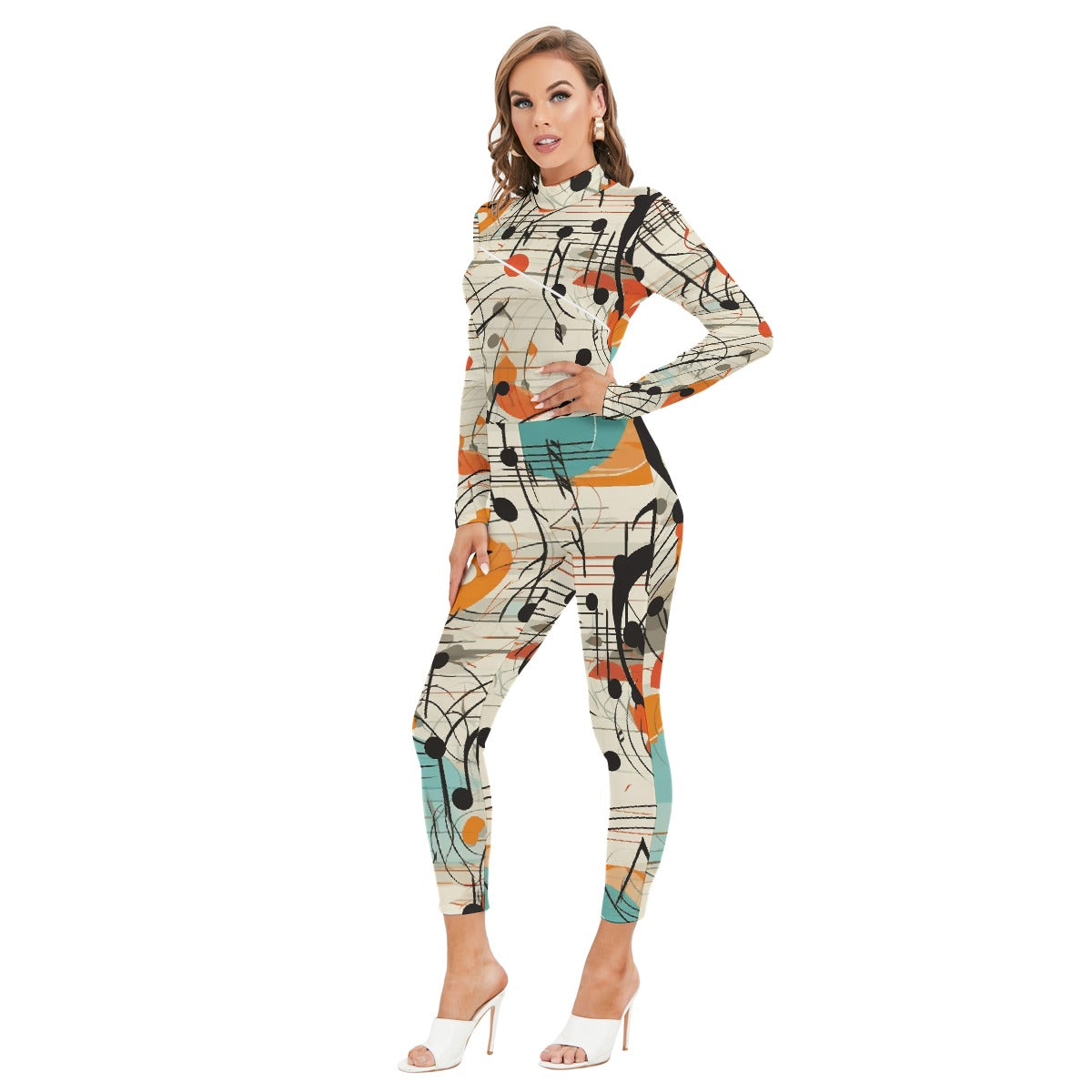 All-Over Print Women's Long-sleeved High-neck Jumpsuit With Zipper