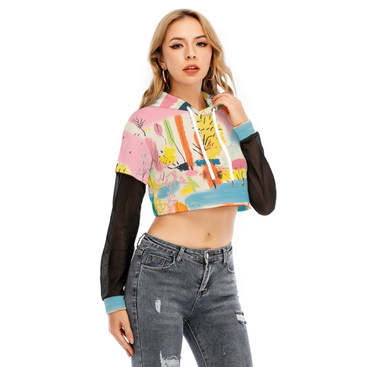 All-Over Print Women's Fake Two-piece Mesh Sleeve Cropped Hoodie