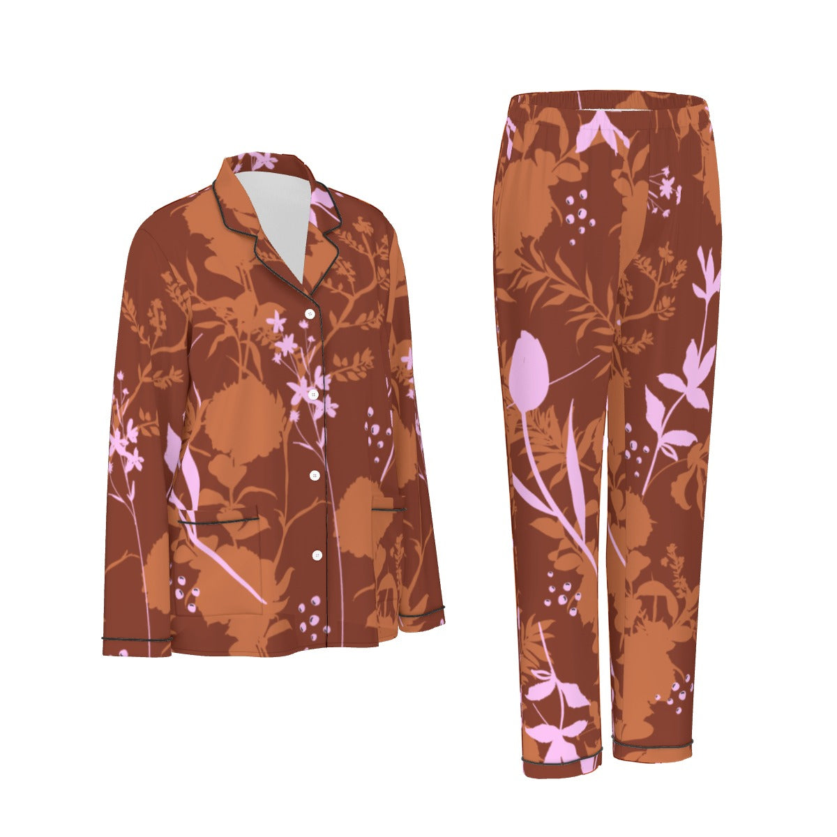 All-Over Print Women's Long Sleeve Pajama Set With Black Contrast Piping