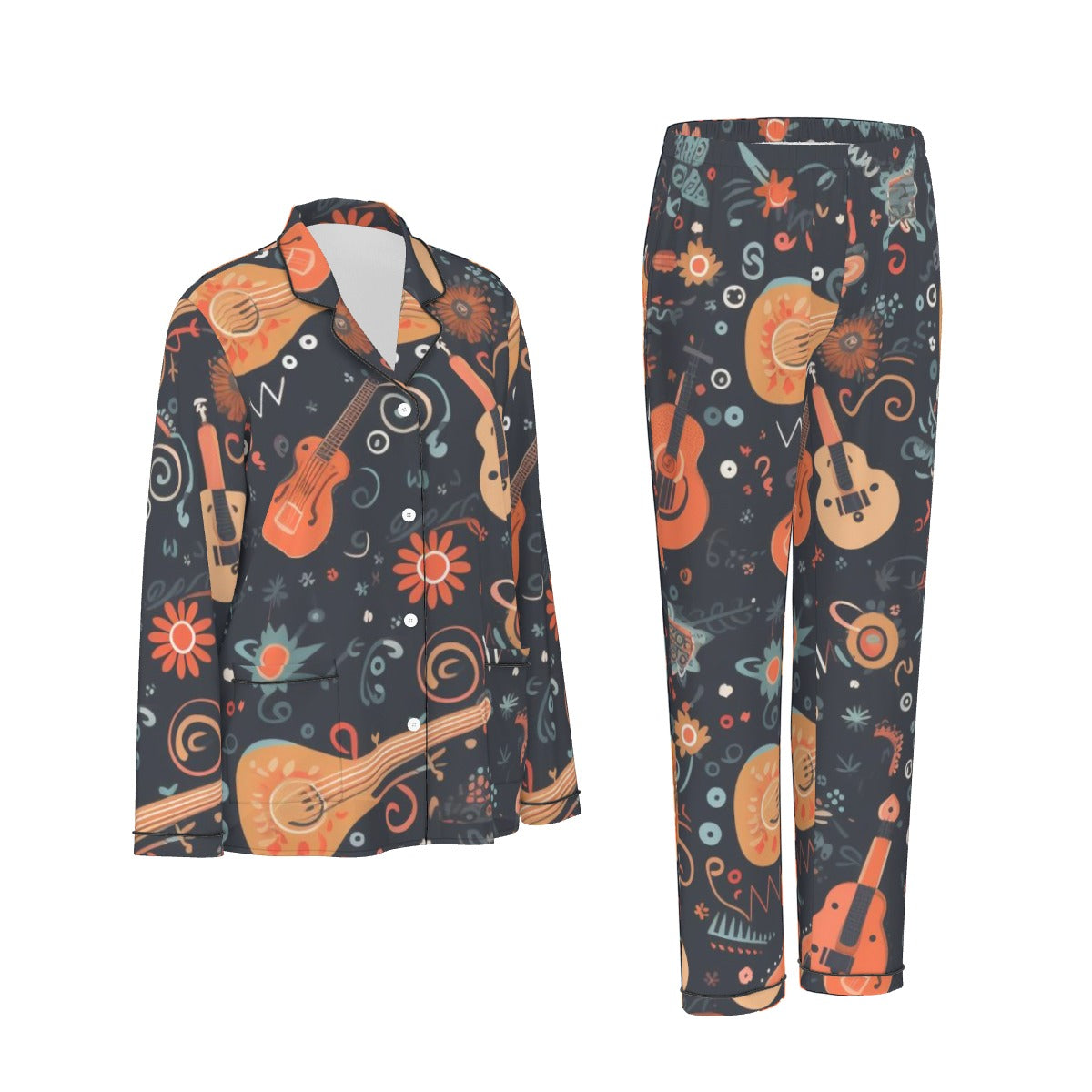 All-Over Print Women's Long Sleeve Pajama Set With Black Contrast Piping