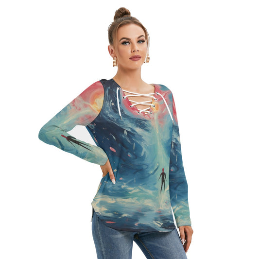 All-Over Print Women's Long Sleeve Neckline Tie Sweatshirt