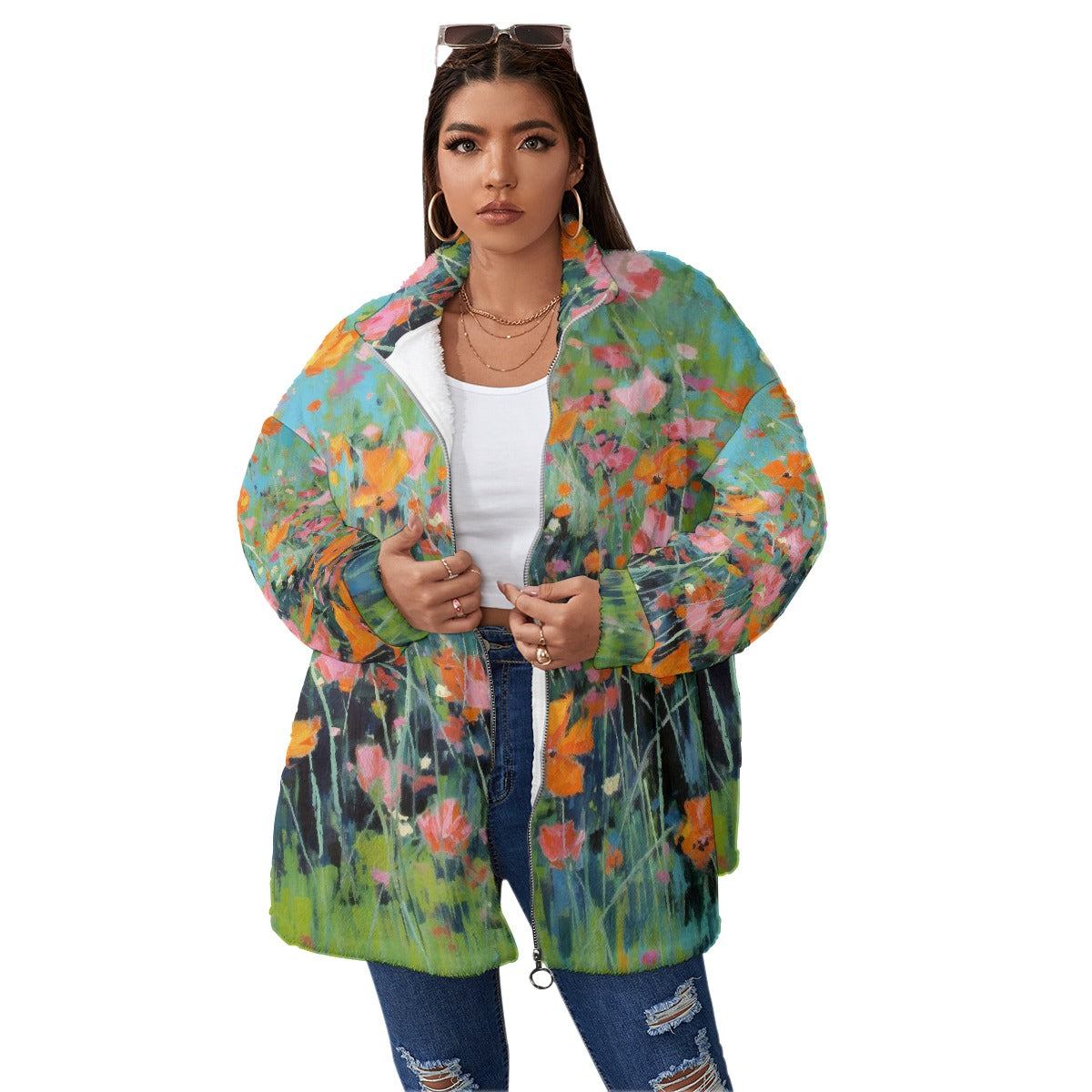 All-Over Print Unisex Borg Fleece Stand-up Collar Coat With Zipper Closure(Plus Size)