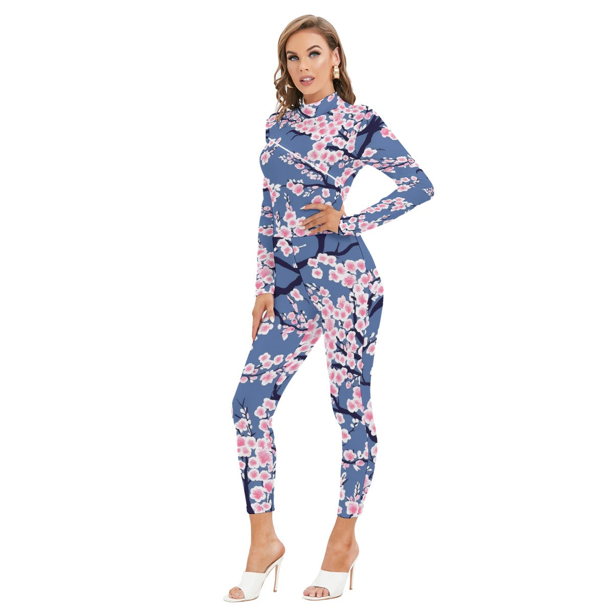 All-Over Print Women's Long-sleeved High-neck Jumpsuit With Zipper