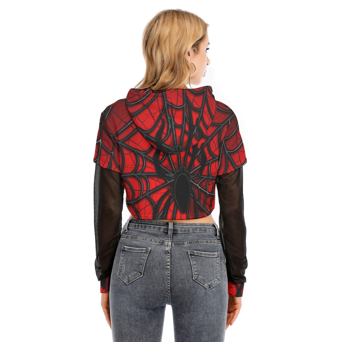 All-Over Print Women's Fake Two-piece Mesh Sleeve Cropped Hoodie