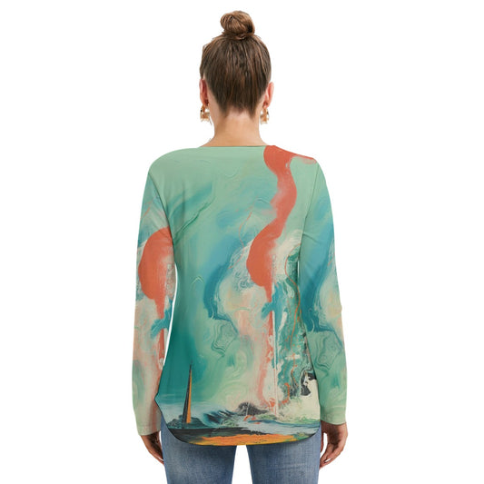 All-Over Print Women's Long Sleeve Neckline Tie Sweatshirt