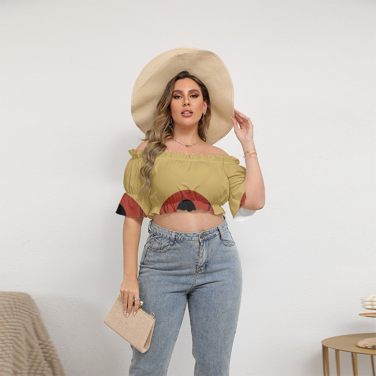 All-Over Print Women's Off-shoulder Cropped Top With Short Puff Sleeve