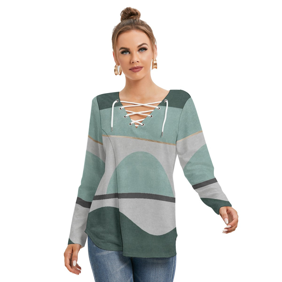 All-Over Print Women's Long Sleeve Neckline Tie Sweatshirt