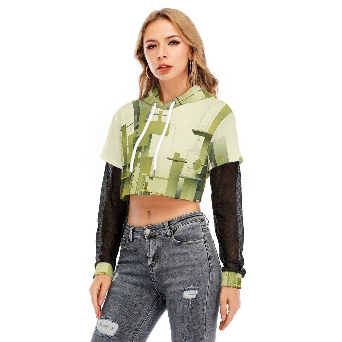 All-Over Print Women's Fake Two-piece Mesh Sleeve Cropped Hoodie