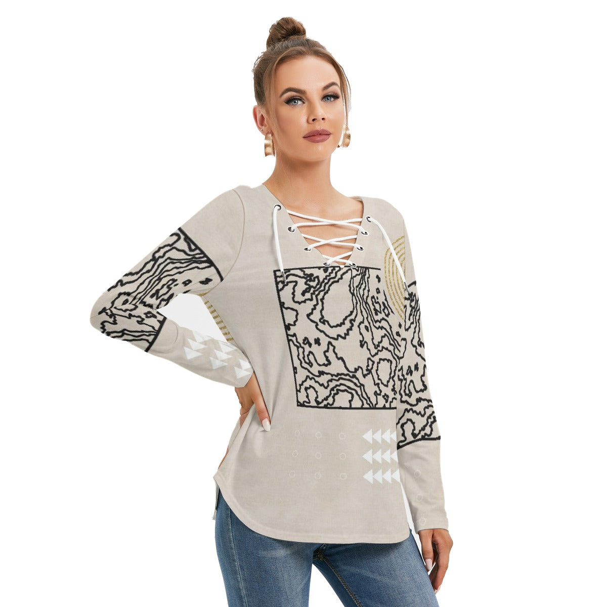 All-Over Print Women's Long Sleeve Neckline Tie Sweatshirt