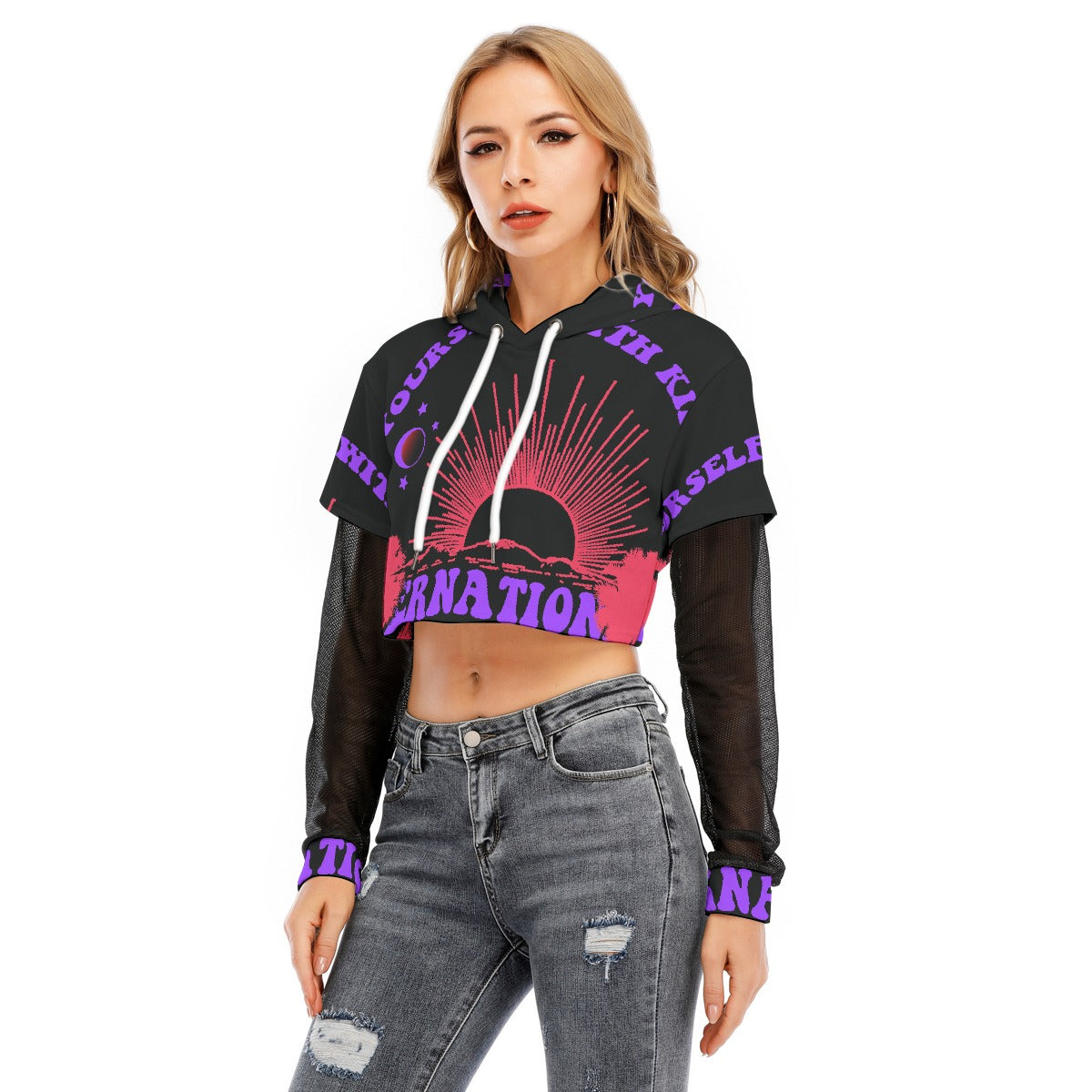 All-Over Print Women's Fake Two-piece Mesh Sleeve Cropped Hoodie