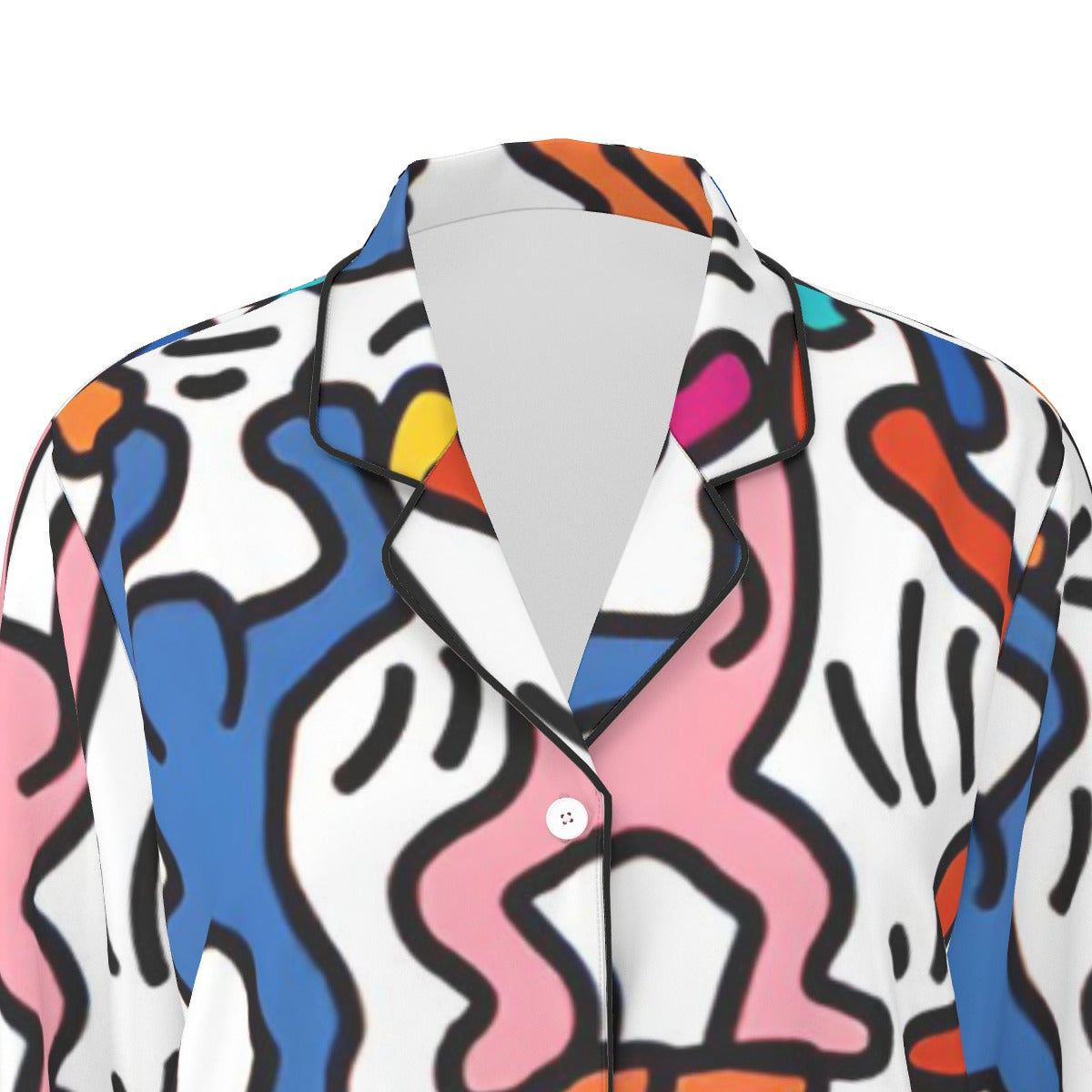 All-Over Print Women's Long Sleeve Pajama Set With Black Contrast Piping