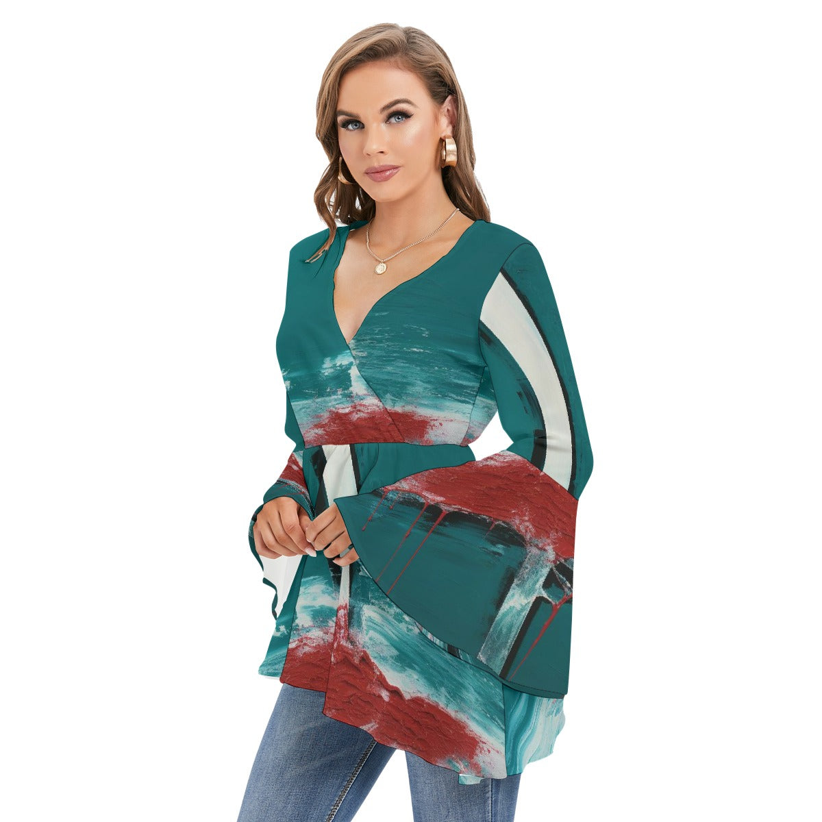 All-Over Print Women's V-neck Blouse With Flared Sleeves