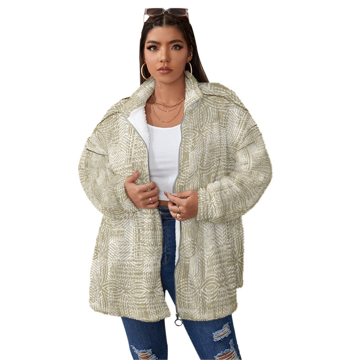 All-Over Print Unisex Borg Fleece Stand-up Collar Coat With Zipper Closure(Plus Size)