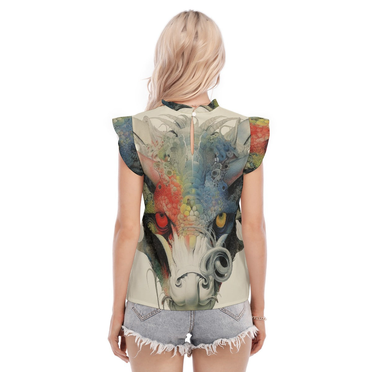 All-Over Print Women's Blouse With Ruffle Collar And Sleeve