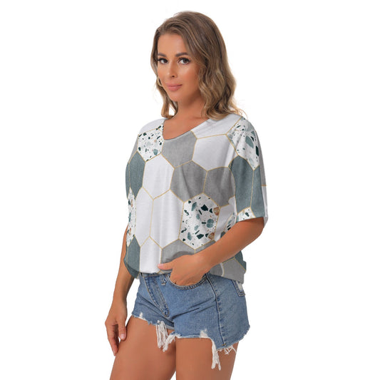 All-Over Print Women's Bat Sleeves V-Neck Blouse