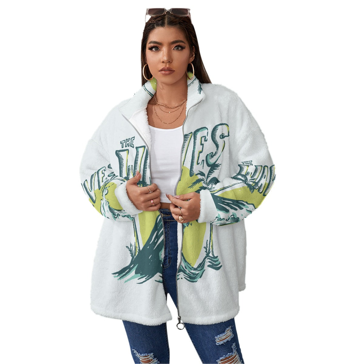All-Over Print Unisex Borg Fleece Stand-up Collar Coat With Zipper Closure(Plus Size)