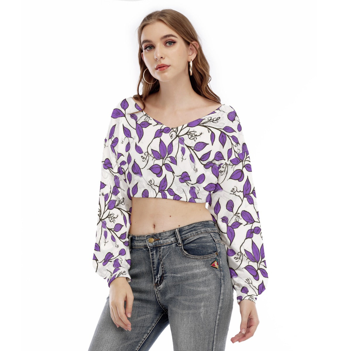 All-Over Print Women's V-neck Long Sleeve Cropped Sweatshirt