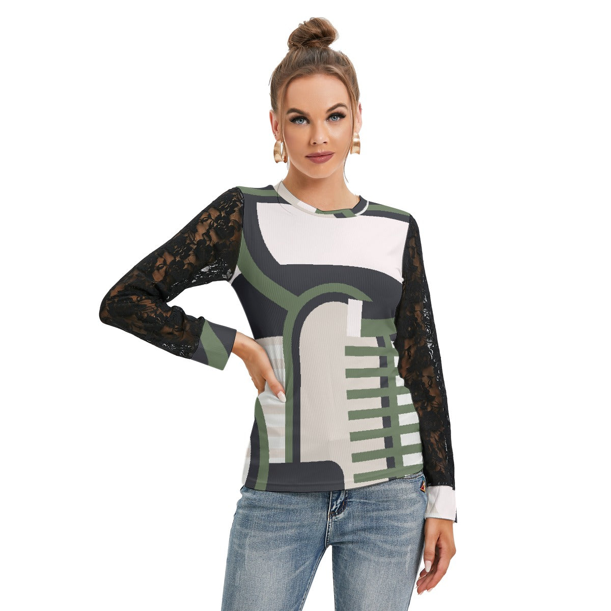 All-Over Print Women's T-shirt And Sleeve With Black Lace