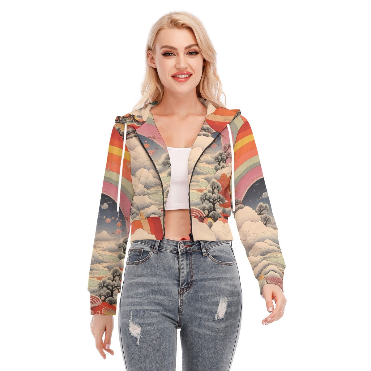 All-Over Print Women's Crop Top Hoodie With Zipper Closure