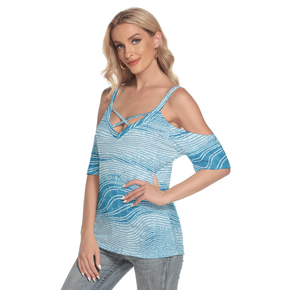 All-Over Print Women's Cold Shoulder T-shirt With Criss Cross Strips