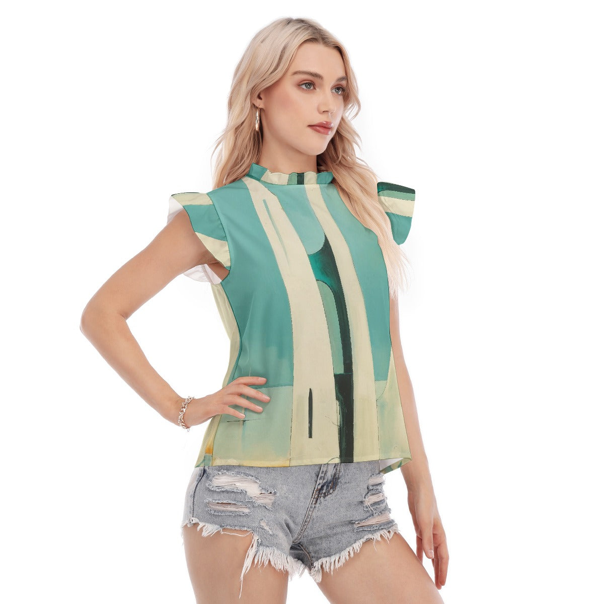 All-Over Print Women's Blouse With Ruffle Collar And Sleeve