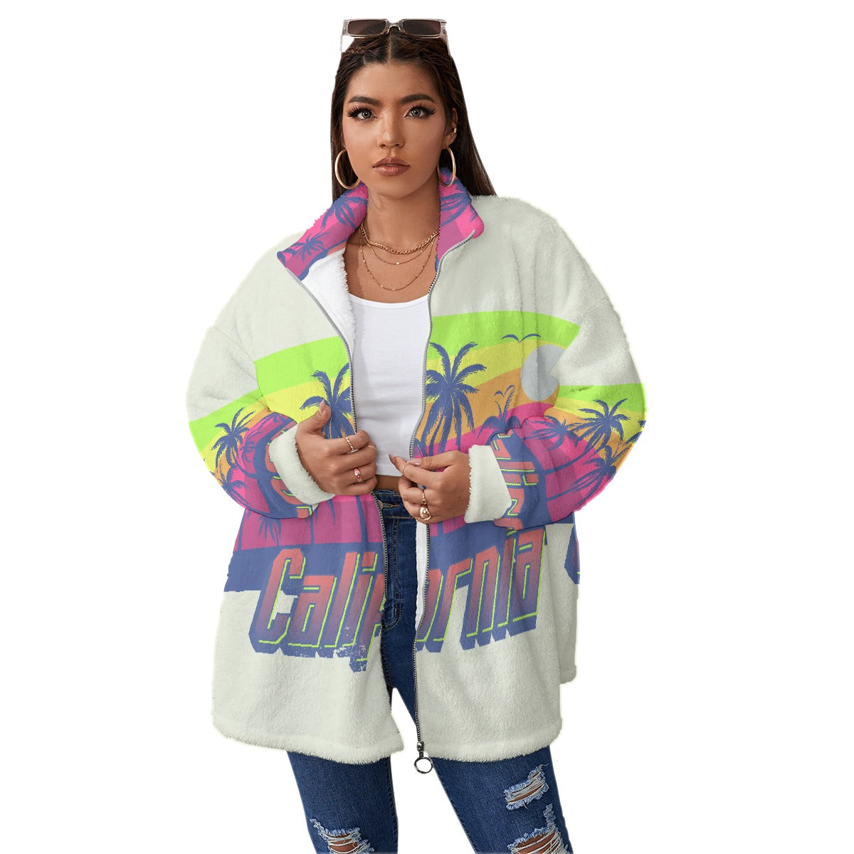 All-Over Print Unisex Borg Fleece Stand-up Collar Coat With Zipper Closure(Plus Size)