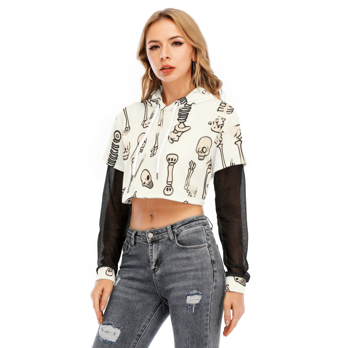 All-Over Print Women's Fake Two-piece Mesh Sleeve Cropped Hoodie