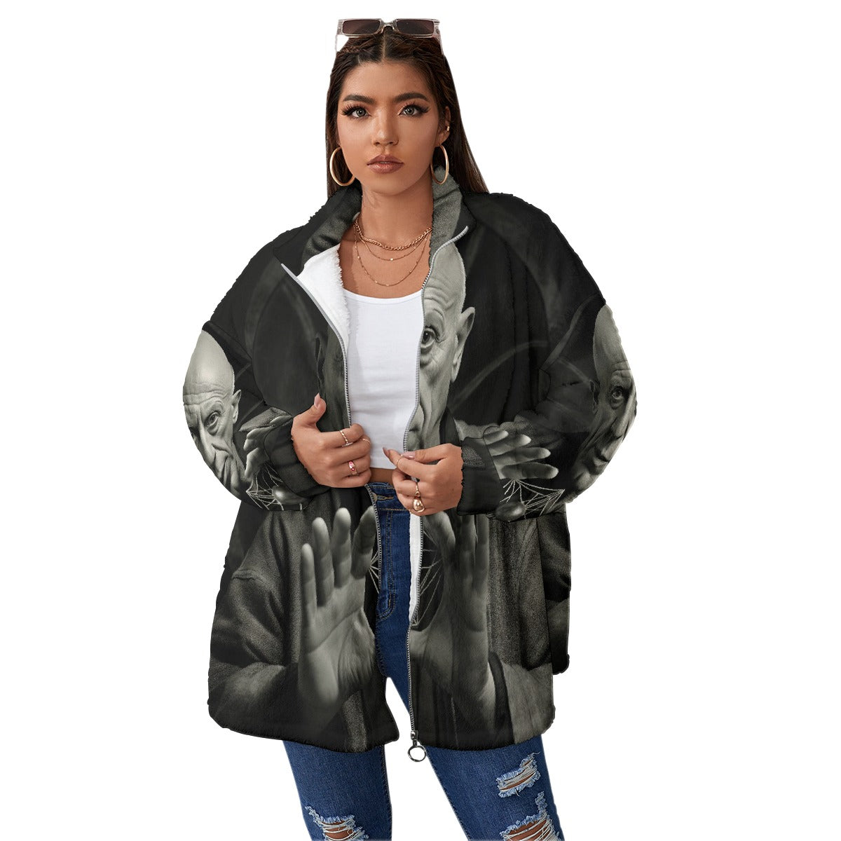 All-Over Print Unisex Borg Fleece Stand-up Collar Coat With Zipper Closure(Plus Size)