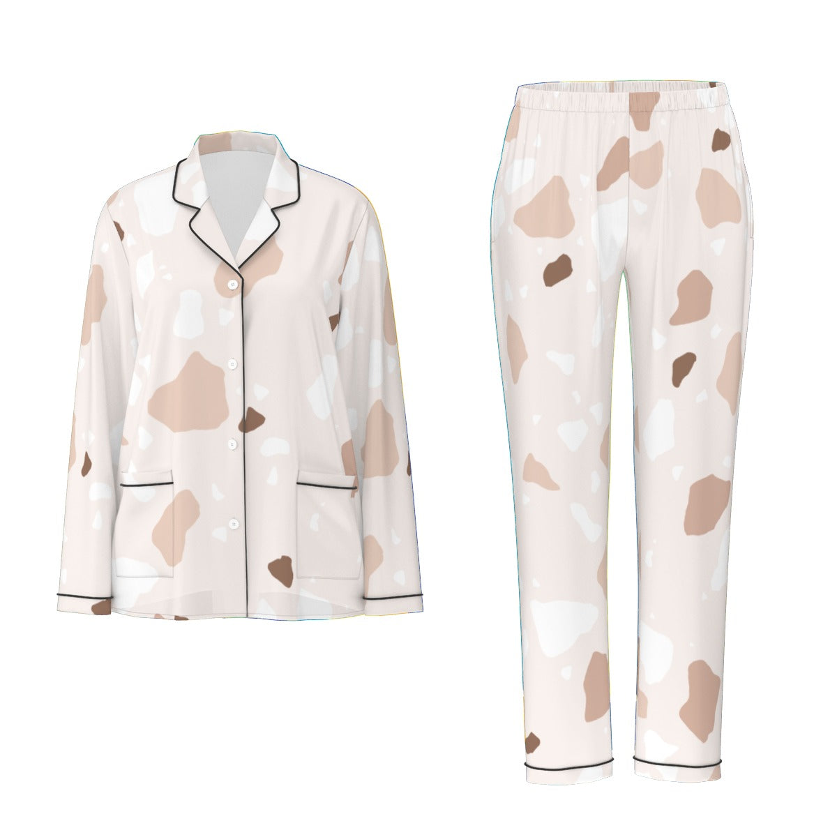 All-Over Print Women's Long Sleeve Pajama Set With Black Contrast Piping