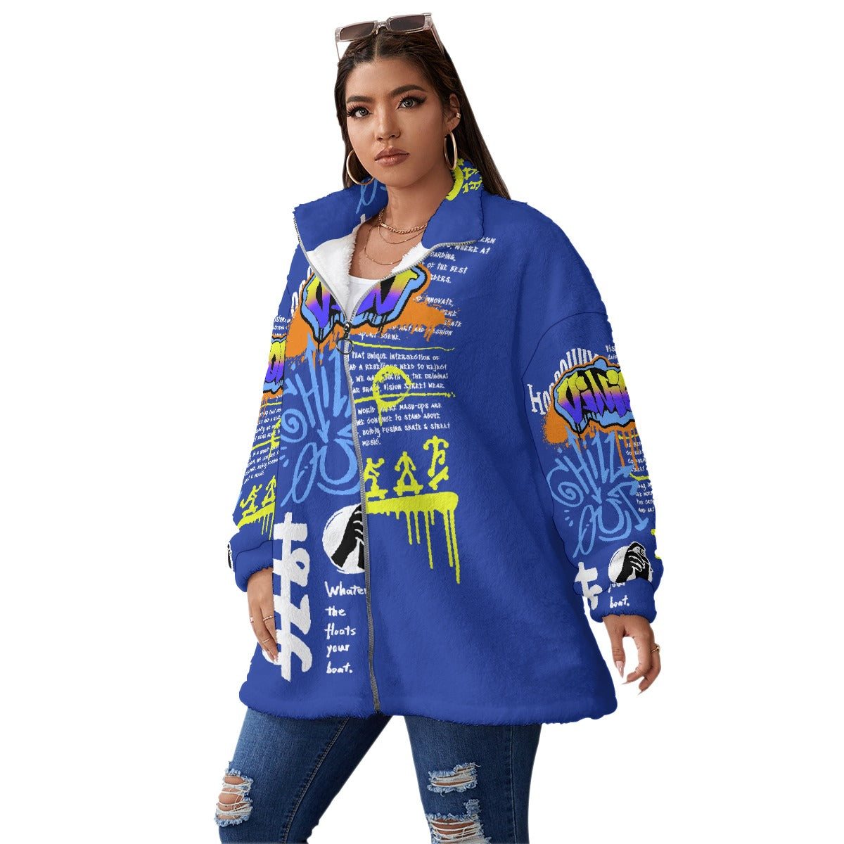All-Over Print Unisex Borg Fleece Stand-up Collar Coat With Zipper Closure(Plus Size)