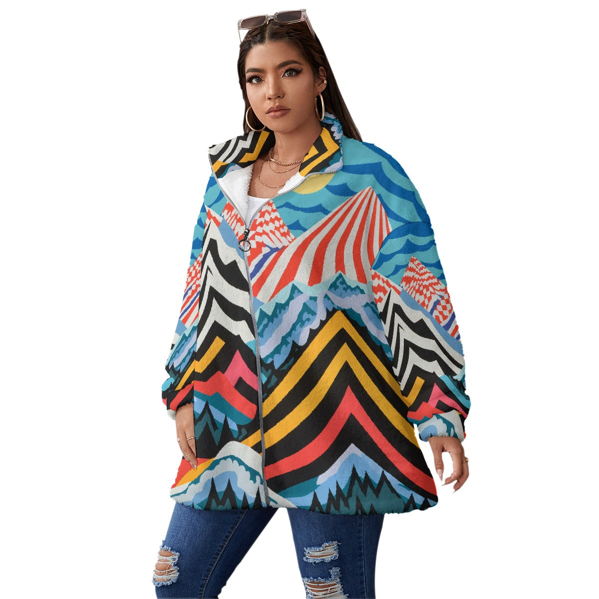 All-Over Print Unisex Borg Fleece Stand-up Collar Coat With Zipper Closure(Plus Size)