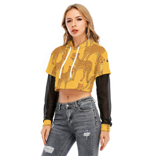 All-Over Print Women's Fake Two-piece Mesh Sleeve Cropped Hoodie