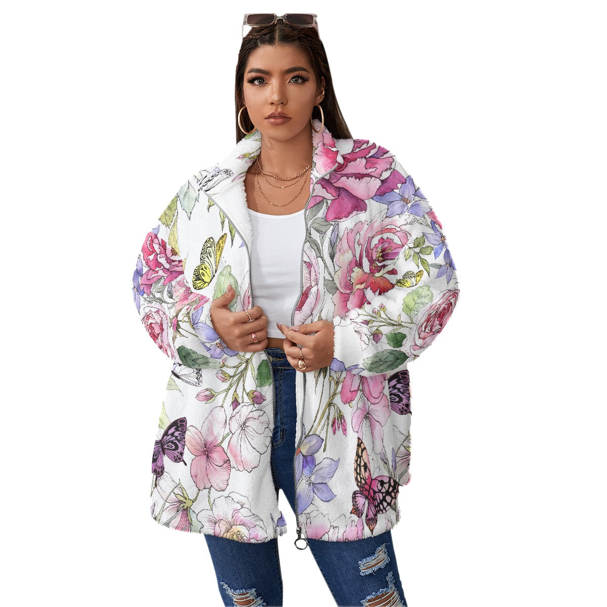 All-Over Print Unisex Borg Fleece Stand-up Collar Coat With Zipper Closure(Plus Size)